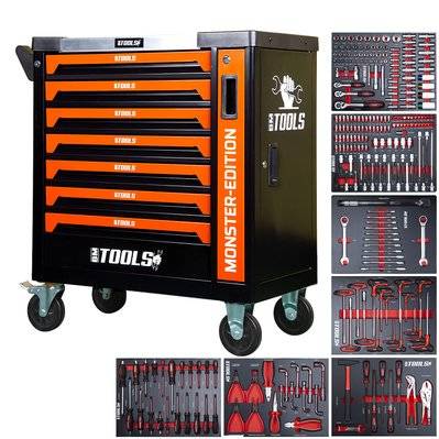 Servante d'atelier BM TOOLS 9/7 MONSTER-EDITION-ORANGE 7 tiroirs pleins, 1 porte & 1 tiroir vertical - 257 outils, Sur roulettes - JM-AG-BM-9-7-MONSTER-EDITION-ORANGE - 3666630002943