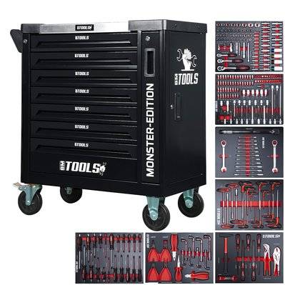 Servante d'atelier BM TOOLS 9/7 MONSTER-EDITION-BLACK 7 tiroirs pleins, 1 porte & 1 tiroir vertical - 257 outils - Sur roulettes - JM-AG-BM-9-7-MONSTER-EDITION-BLACK - 3666630002967