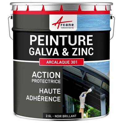 Peinture galva zinc toiture gouttière : Arcalaque 301.-2.5 L Noir Brillant - RAL 9005 - 1183_32447 - 3700043432239