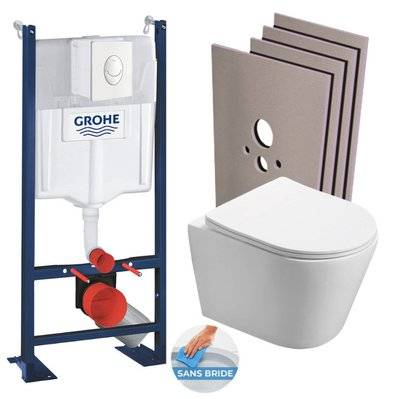 Grohe Pack WC Bâti autoportant + WC sans bride SAT Infinitio + Abattant softclose + Plaque blanc alpin + Set habillage - 0734077014836 - 0734077014836