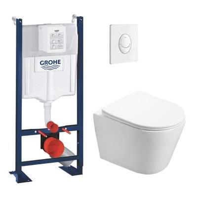 Grohe Pack WC Bâti autoportant + WC sans bride SAT Infinitio + Abattant softclose + Plaque blanc alpin (ProjectInfinitio-3) - 0734077014829 - 0734077014829