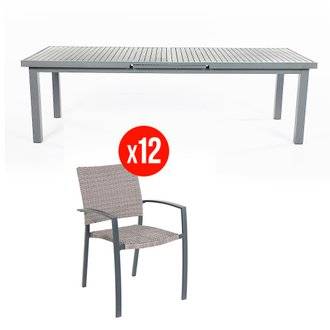 Ensemble repas extensible MINESSOTA + fauteuils MARTIKA - 6 à 12 places - aluminium & résine tressée - anthracite, noir & beige