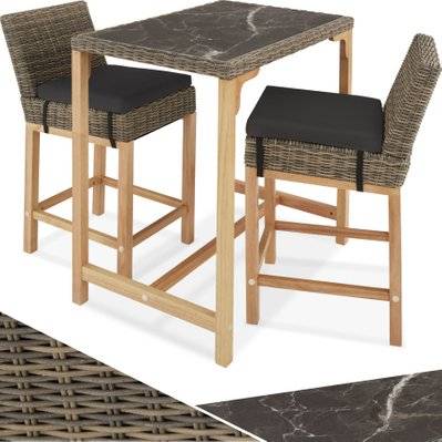 Tectake  Table de bar en rotin Kutina avec 2 chaises Latina - marron naturel - 404847 - 4061173244703