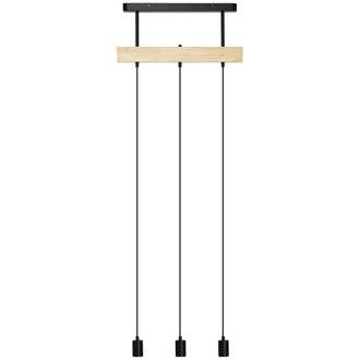 Lustre suspension style industriel 3 lampes métal noir bois hévéa