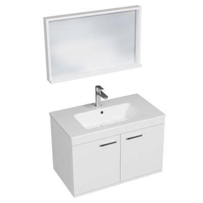 RUBITE Meuble salle de bain simple vasque 2 portes blanc largeur 80 cm + miroir cadre - 280#IZI#4823 - 3701041648950