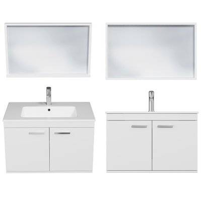 RUBITE Meuble salle de bain simple vasque 2 portes blanc largeur 80 cm + miroir cadre - 280#IZI#4823 - 3701041648950