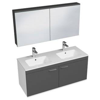RUBITE Meuble salle de bain double vasque 2 portes gris anthracite largeur 120 cm + miroir armoire