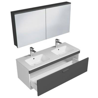 RUBITE Meuble salle de bain double vasque 1 tiroir gris anthracite largeur 120 cm + miroir armoire - 279#IZI#4815 - 3701041648493