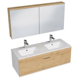 RUBITE Meuble salle de bain double vasque 1 tiroir chêne clair largeur 120 cm + miroir armoire