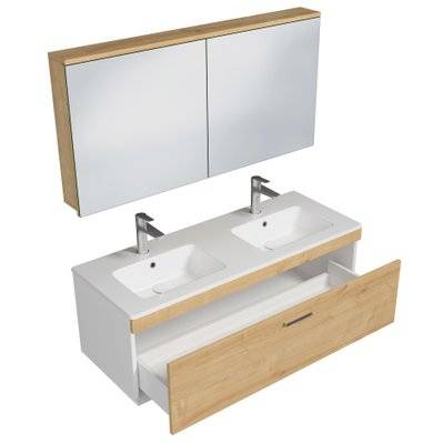 RUBITE Meuble salle de bain double vasque 1 tiroir chêne clair largeur 120 cm + miroir armoire - 279#IZI#4812 - 3701041648523