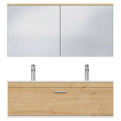 RUBITE Meuble salle de bain double vasque 1 tiroir chêne clair largeur 120 cm + miroir armoire - 279#IZI#4812 - 3701041648523