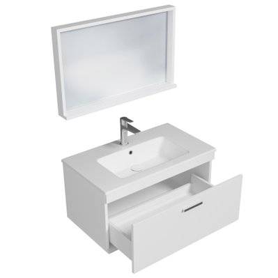 RUBITE Meuble salle de bain simple vasque 1 tiroir blanc largeur 80 cm + miroir cadre - 278#IZI#4769 - 3701041649407