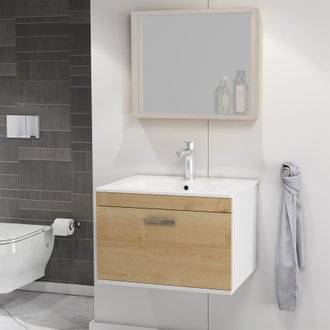 RUBITE Meuble salle de bain simple vasque 1 tiroir chêne clair largeur 60 cm