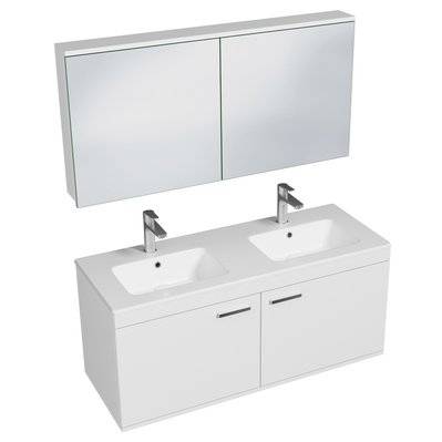 RUBITE Meuble salle de bain double vasque 2 portes blanc largeur 120 cm + miroir armoire - 281#IZI#4863 - 3701041648462