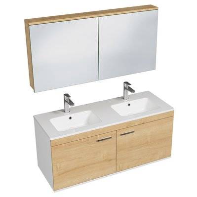RUBITE Meuble salle de bain double vasque 2 portes chêne clair largeur 120 cm + miroir armoire - 281#IZI#4866 - 3701041648431