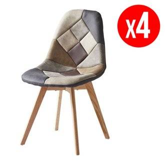 Pack de 4 chaises JILLS microfibre - piètement chêne - patchwork vintage