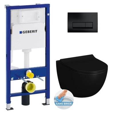 Pack WC Bati-support Geberit Duofix + WC sans bride Vitra SENTO noir mat + Abattant frein de chute + Plaque noire mat - 0734077017325 - 0734077017325