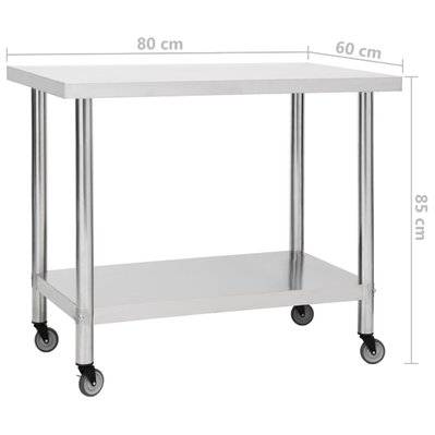 vidaXL Table de travail de cuisine avec roues 80x60x85 cm Inox - 51636 - 8720286493489