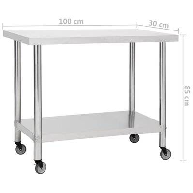 vidaXL Table de travail de cuisine avec roues 100x30x85 cm Inox - 51637 - 8720286493496