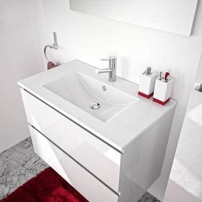 Ensemble meuble vasque 80 cm 2 tiroirs LIVO avec éclairage LED 6 W et miroir blanc brillant - 823054 - 3588560342817