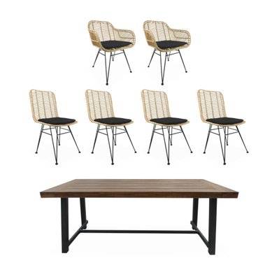 Table à manger bois et métal. 190cm + 2 fauteuils et 4 chaises en rotin naturel. coussins noirs - 3760388440047 - 3760388440047