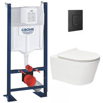 Grohe Pack WC Rapid SL autoportant + WC sans bride SAT Brevis + Abattant ultra-fin softclose + Plaque noir mat - 0734077004943 - 0734077004943