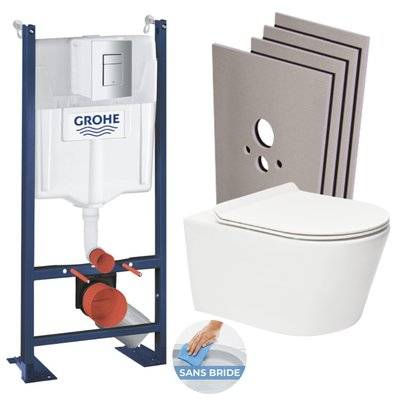 Grohe Pack WC Bâti autoportant + WC sans bride SAT, fixations invisibles + abattant slim, softclose + Plaque + Set habillage - 0734077015321 - 0734077015321