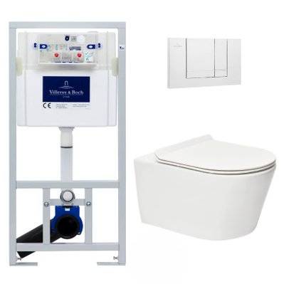 Villeroy & Boch Pack WC Bâti-support + WC sans bride SAT Brevis + Abattant ultra-fin softclose + Plaque blanche - 0734077004967 - 0734077004967