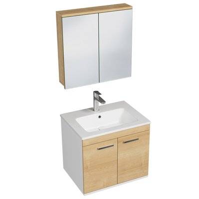 RUBITE Meuble salle de bain simple vasque 2 portes chêne clair largeur 60 cm + miroir armoire - 280#IZI#4833 - 3701041648851