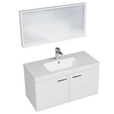 RUBITE Meuble salle de bain simple vasque 2 portes blanc largeur 100 cm + miroir cadre - 280#IZI#4829 - 3701041648899