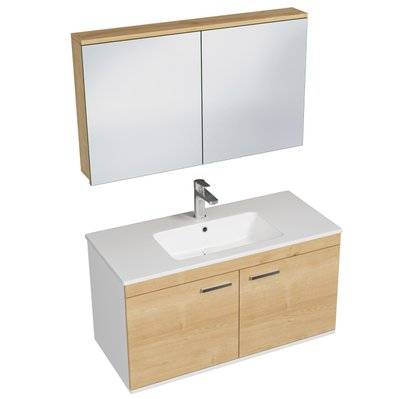 RUBITE Meuble salle de bain simple vasque 2 portes chêne clair largeur 100 cm + miroir armoire - 280#IZI#4845 - 3701041648738