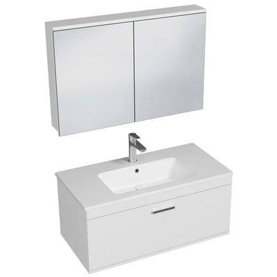RUBITE Meuble salle de bain simple vasque 1 tiroir blanc largeur 100 cm + miroir armoire - 278#IZI#4776 - 3701041649339