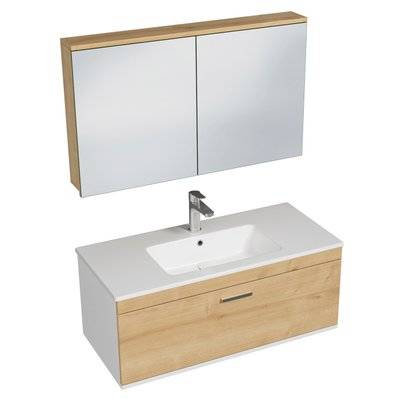 RUBITE Meuble salle de bain simple vasque 1 tiroir chêne clair largeur 100 cm + miroir armoire - 278#IZI#4791 - 3701041649186