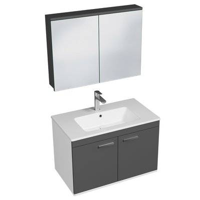 RUBITE Meuble salle de bain simple vasque 2 portes gris anthracite largeur 80 cm + miroir armoire - 280#IZI#4854 - 3701041648646
