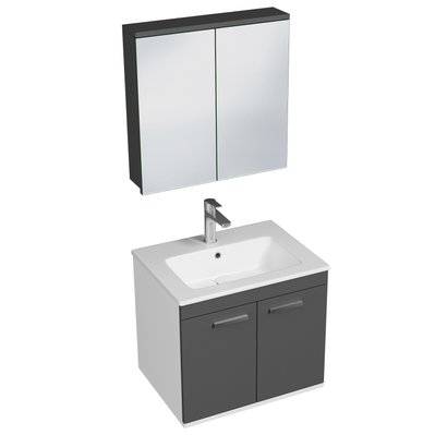 RUBITE Meuble salle de bain simple vasque 2 portes gris anthracite largeur 60 cm + miroir armoire - 280#IZI#4848 - 3701041648707