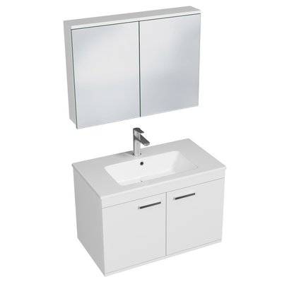 RUBITE Meuble salle de bain simple vasque 2 portes blanc largeur 80 cm + miroir armoire - 280#IZI#4824 - 3701041648943