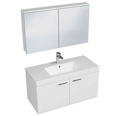 RUBITE Meuble salle de bain simple vasque 2 portes blanc largeur 100 cm + miroir armoire - 280#IZI#4830 - 3701041648882