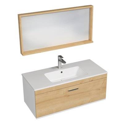 RUBITE Meuble salle de bain simple vasque 1 tiroir chêne clair largeur 100 cm + miroir cadre - 278#IZI#4790 - 3701041649193