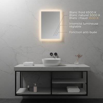 FRAME Miroir lumineux salle de bain LED 3 couleurs + intensité réglable & fonction anti-buée 50 x 70 cm - 291#IZI#4964 - 3701041651066