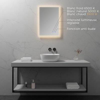 MELLOW Miroir lumineux salle de bain LED 3 couleurs + intensité réglable & fonction anti-buée 50 x 70 cm - 292#IZI#4970 - 3701041651127