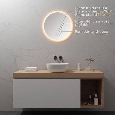 RADIUS Miroir lumineux rond salle de bain LED 3 couleurs + intensité réglable & fonction anti-buée Ø 60 cm - 293#IZI#4978 - 3701041651202