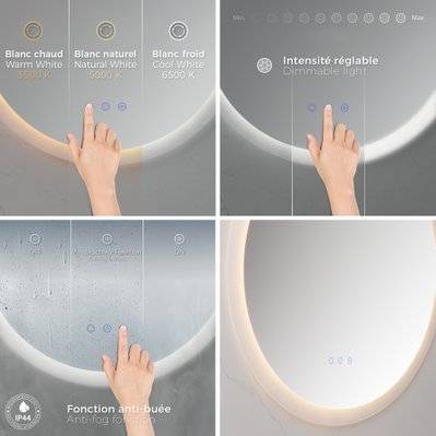 RADIUS Miroir lumineux rond salle de bain LED 3 couleurs + intensité réglable & fonction anti-buée Ø 60 cm - 293#IZI#4978 - 3701041651202