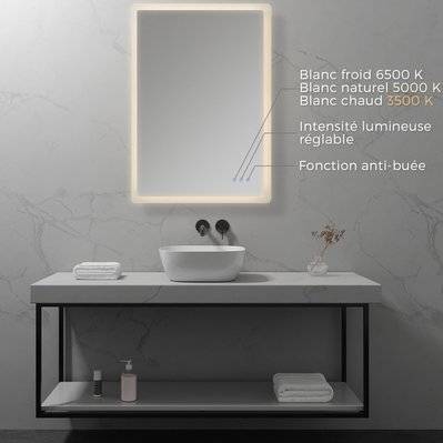 MELLOW Miroir lumineux salle de bain LED 3 couleurs + intensité réglable & fonction anti-buée 70 x 100 cm - 292#IZI#4973 - 3701041651158