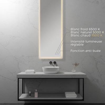 MELLOW Miroir lumineux salle de bain LED 3 couleurs + intensité réglable & fonction anti-buée 60 x 180 cm - 292#IZI#4972 - 3701041651141