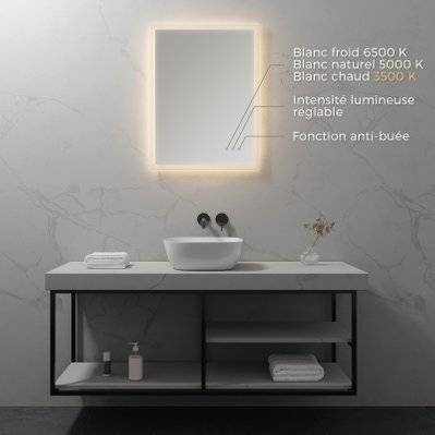 FRAME Miroir lumineux salle de bain LED 3 couleurs + intensité réglable & fonction anti-buée 60 x 80 cm - 291#IZI#4965 - 3701041651073