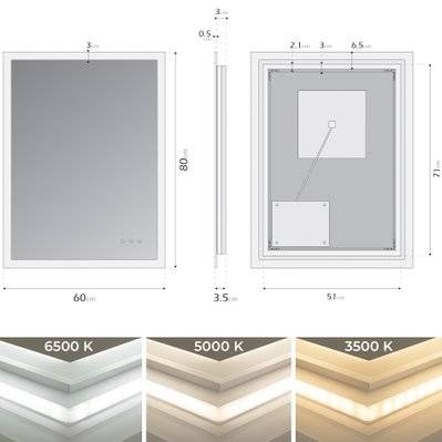 FRAME Miroir lumineux salle de bain LED 3 couleurs + intensité réglable & fonction anti-buée 60 x 80 cm - 291#IZI#4965 - 3701041651073