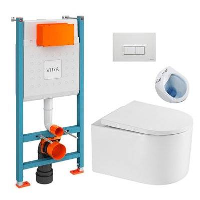Vitra  Pack WC Bâti-support V-Fix + WC sans bride SAT Delano + Abattant SoftClose + Plaque, Blanc Brillant (V-FixDelano-1) - 8592127182650 - 8592127182650