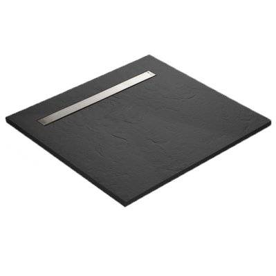 Receveur de douche noir 100 x 100 cm en résine aspect ardoise - grille caniveau - RC100SLATE-9005-LINE - 3700797506446