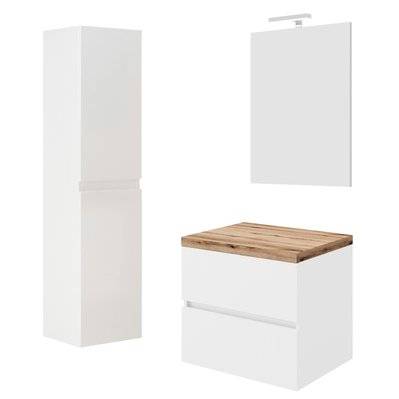 CITY Meuble simple vasque à poser 2 tiroirs Blanc et plan chêne naturel largeur 60 cm + miroir + colonne - 290#IZI#4963 - 3701041650823