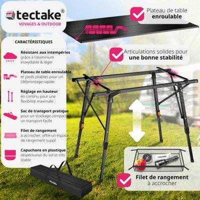 Tectake  Table de camping Tina en aluminium, pliable et réglable en hauteur - noir - 404983 - 4061173255662